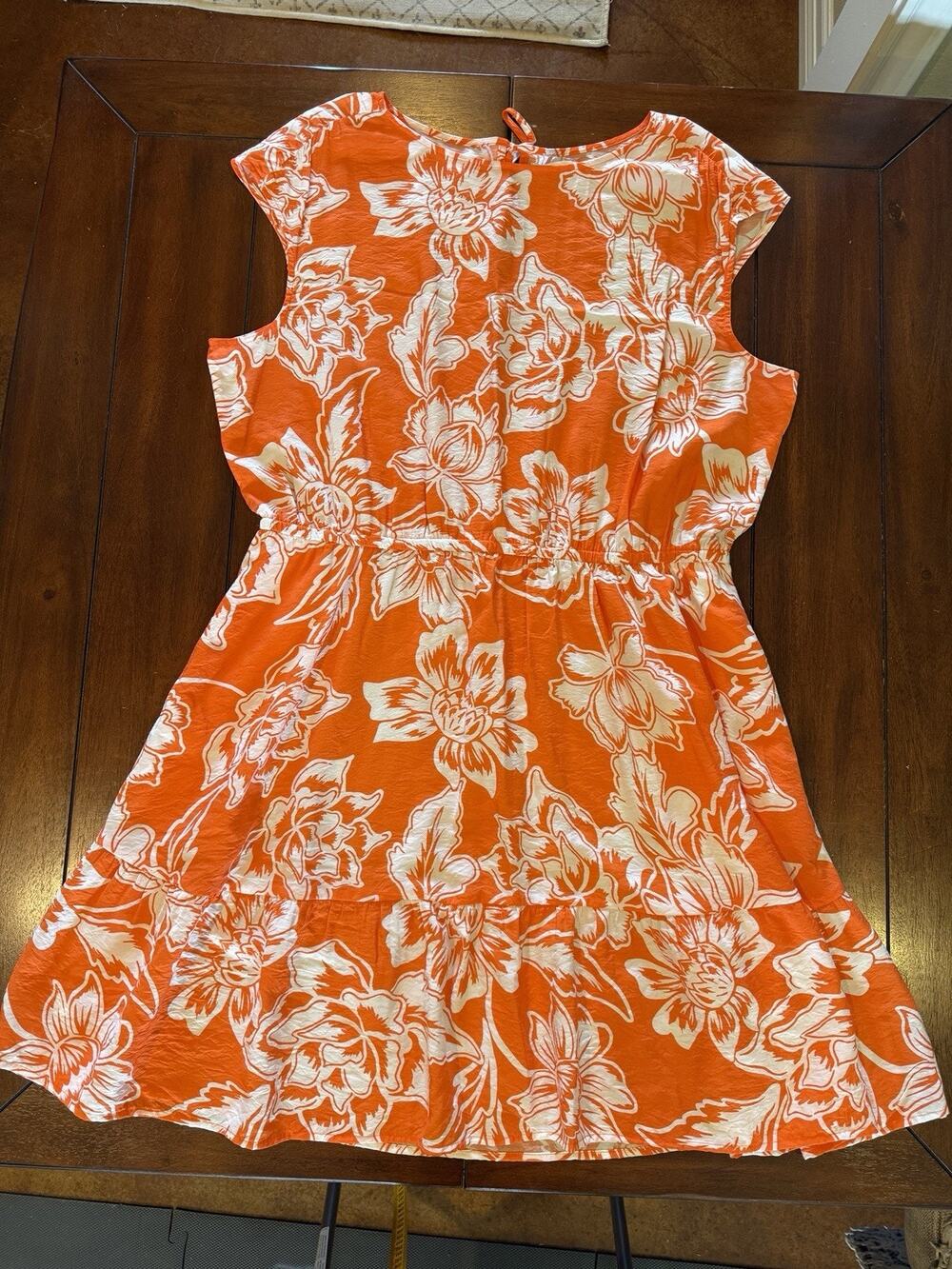 Sonoma Womens XL Orange White Floral A-Line Round Neck Sleeveless Knee Dress